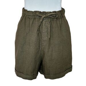 Uniqlo Linen Blend Olive Green Pull-on, Cuffed Shorts Tie Waist Women's Medium